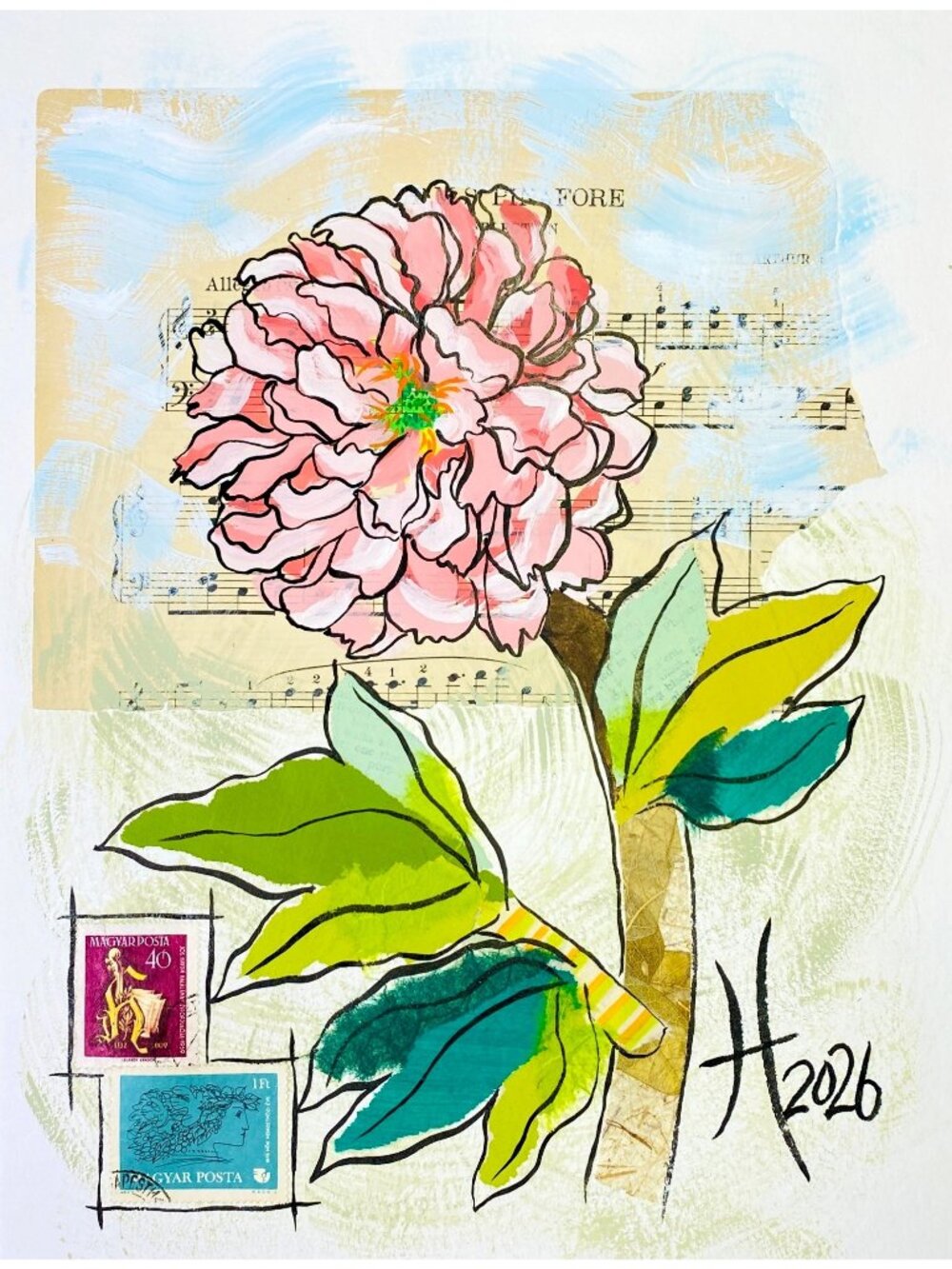 Spring Bouquet 3 Original Art Collage Painting 11x14in Matted Frame Ready